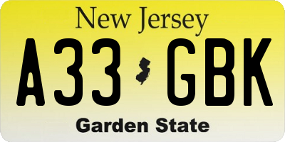 NJ license plate A33GBK