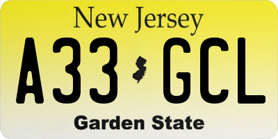 NJ license plate A33GCL