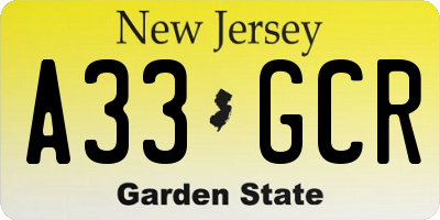NJ license plate A33GCR