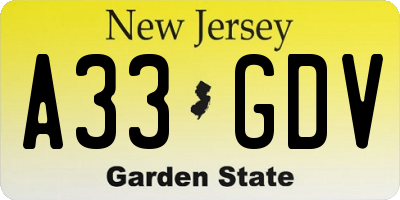 NJ license plate A33GDV