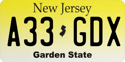 NJ license plate A33GDX