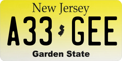 NJ license plate A33GEE