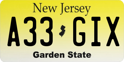 NJ license plate A33GIX