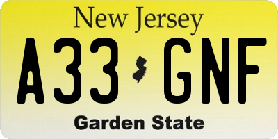 NJ license plate A33GNF