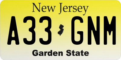 NJ license plate A33GNM