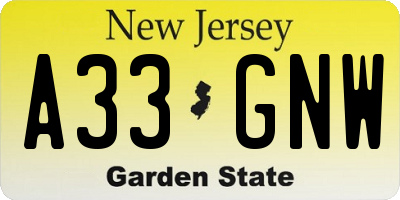 NJ license plate A33GNW