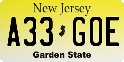 NJ license plate A33GOE