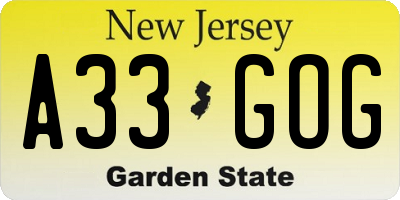 NJ license plate A33GOG