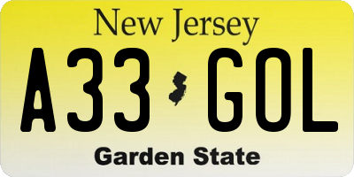 NJ license plate A33GOL