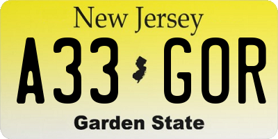 NJ license plate A33GOR