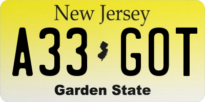 NJ license plate A33GOT