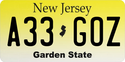 NJ license plate A33GOZ