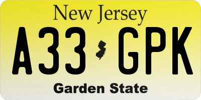 NJ license plate A33GPK