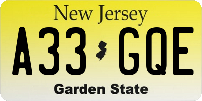 NJ license plate A33GQE