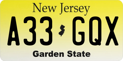 NJ license plate A33GQX