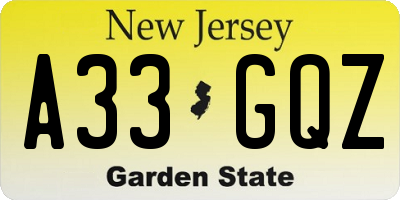NJ license plate A33GQZ