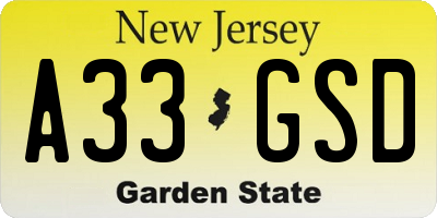 NJ license plate A33GSD