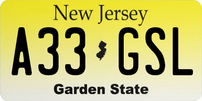 NJ license plate A33GSL