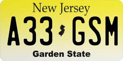 NJ license plate A33GSM