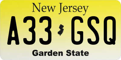 NJ license plate A33GSQ