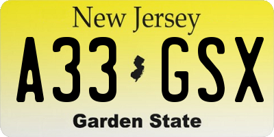 NJ license plate A33GSX