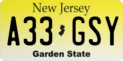 NJ license plate A33GSY