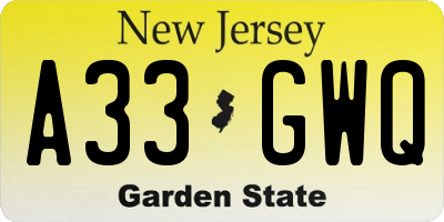 NJ license plate A33GWQ