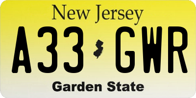 NJ license plate A33GWR