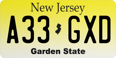 NJ license plate A33GXD