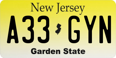 NJ license plate A33GYN