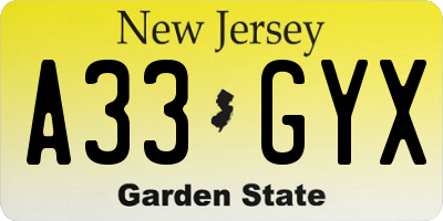 NJ license plate A33GYX