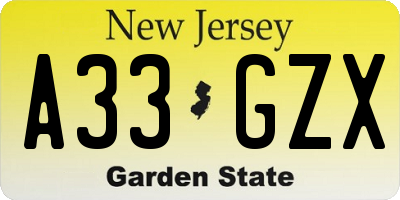 NJ license plate A33GZX