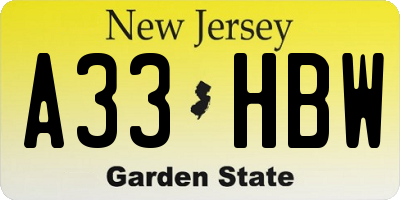 NJ license plate A33HBW