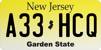 NJ license plate A33HCQ