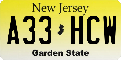 NJ license plate A33HCW
