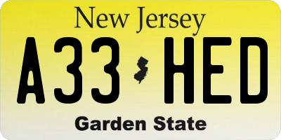 NJ license plate A33HED
