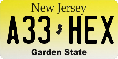 NJ license plate A33HEX