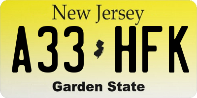 NJ license plate A33HFK