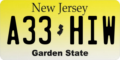 NJ license plate A33HIW