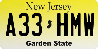 NJ license plate A33HMW