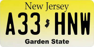 NJ license plate A33HNW