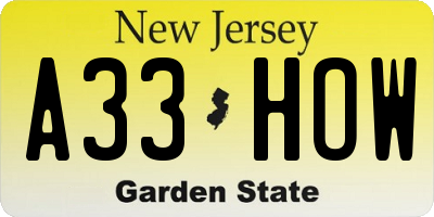 NJ license plate A33HOW