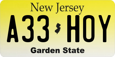 NJ license plate A33HOY