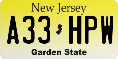 NJ license plate A33HPW