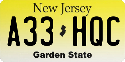 NJ license plate A33HQC