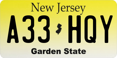 NJ license plate A33HQY