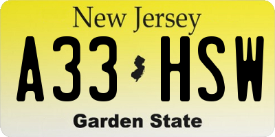 NJ license plate A33HSW