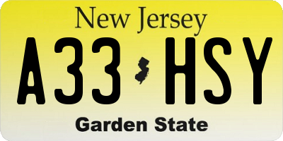 NJ license plate A33HSY