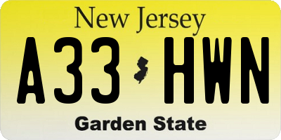 NJ license plate A33HWN