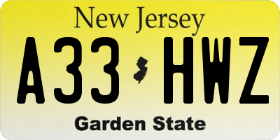 NJ license plate A33HWZ